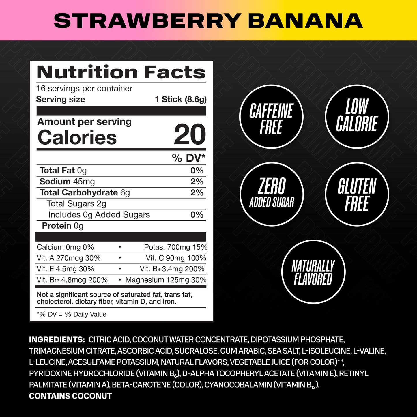 PRIME HYDRATION+ Sticks Strawberry Banana | Hydration Powder Single Serve Sticks | Electrolyte Powder On The Go | Low Sugar | Caffeine-Free | Vegan | 16 Sticks