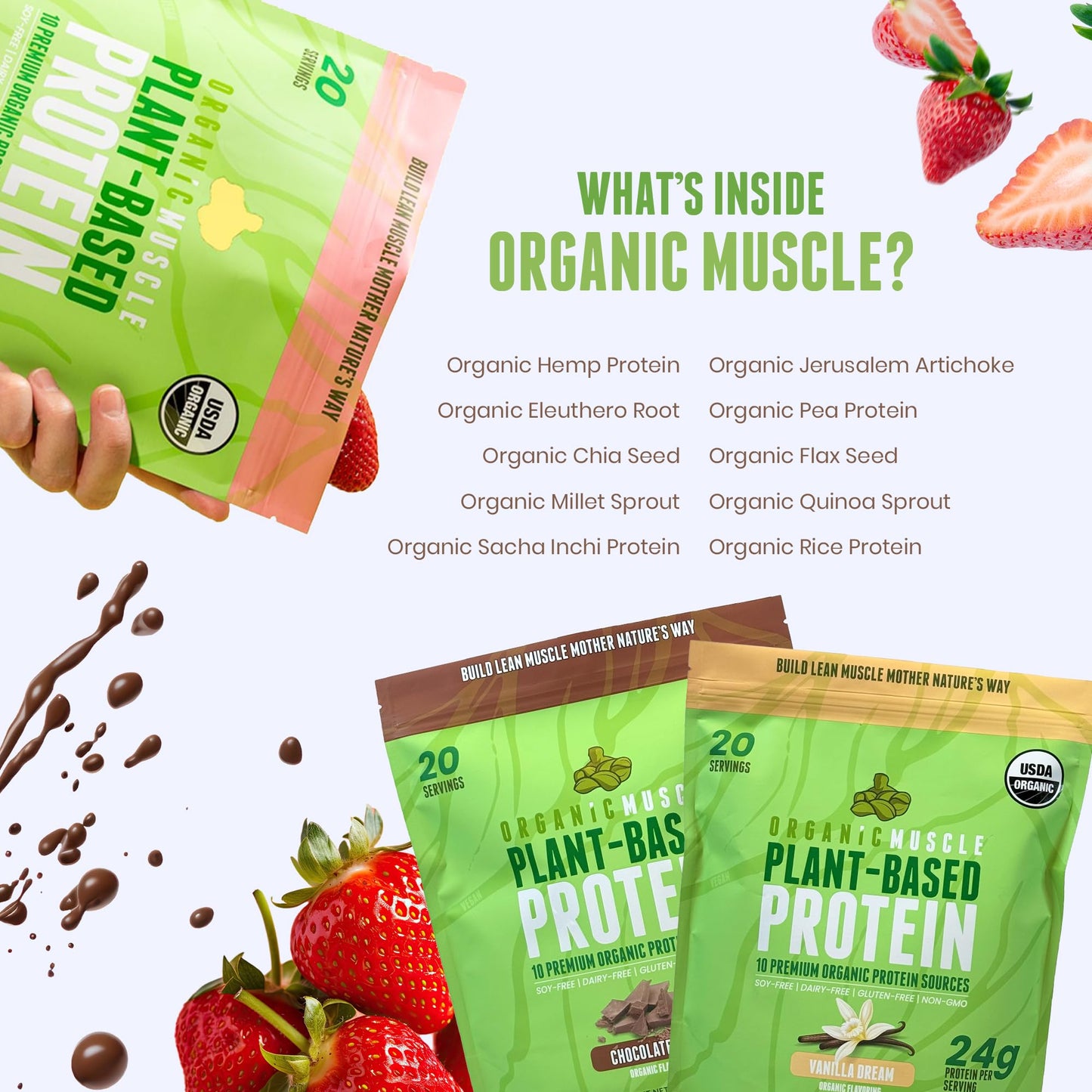 Organic Muscle Vegan Protein Powder - Plant Based Strawberry Multi-Sourced Protein Powder with Pea, Hemp, Brown Rice, Chia Seed & Amino Acids - Low Calorie for Muscle Growth & Speed Recovery