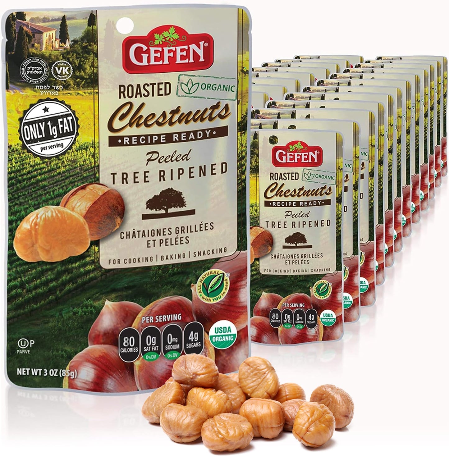 Gefen Organic Whole Peeled and Roasted Chestnuts 3oz 24 Pack  Chestnuts Peeled and Ready to Eat  Great for Cooking  Baking  Gluten Free  Kosher
