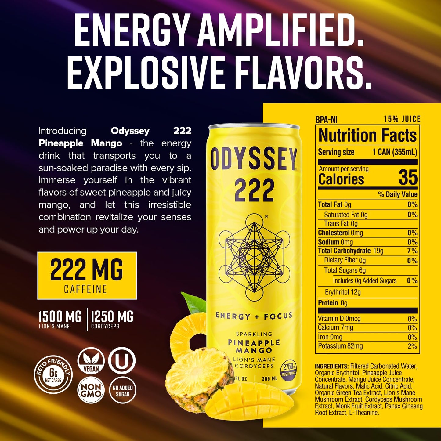 Odyssey Elixir  Odyssey 222  Sparkling Energy Drink  222 mg of Caffeine  Lions Mane  Cordyceps  Energy  Focus  Endurance  Stamina  Nootropic  Pre Workout  Pineapple Mango