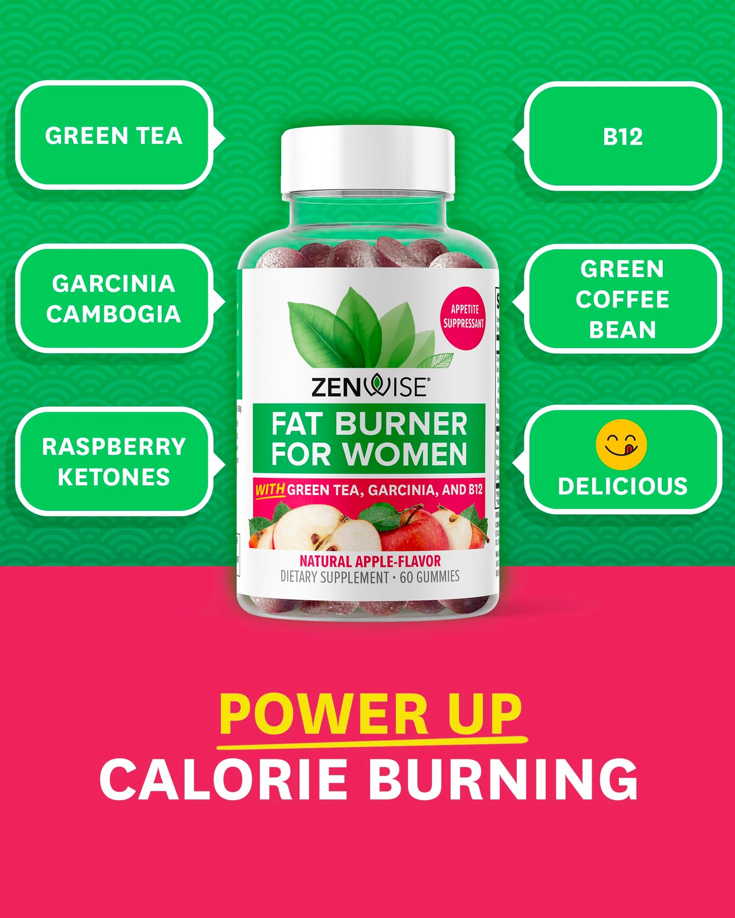 Zenwise Health Fat Burner Gummies - Appetite Suppressant for Weight Loss with Green Tea Extract, Garcinia Cambogia & B12 for Metabolism + Green Coffee Bean & Raspberry Ketone - 60ct Apple Gummies