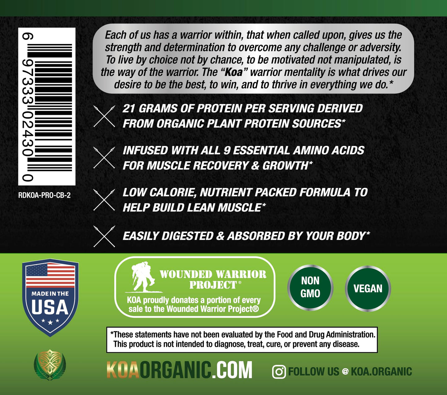 KOA Organics Vegan Protein Powder, Gourmet Chocolate Brownie Flavor- 21g of The Best Tasting Plant-Based Protein with only 120 Calories - USDA Organic, Non-GMO, Gluten Free, Sugar Free - 640g