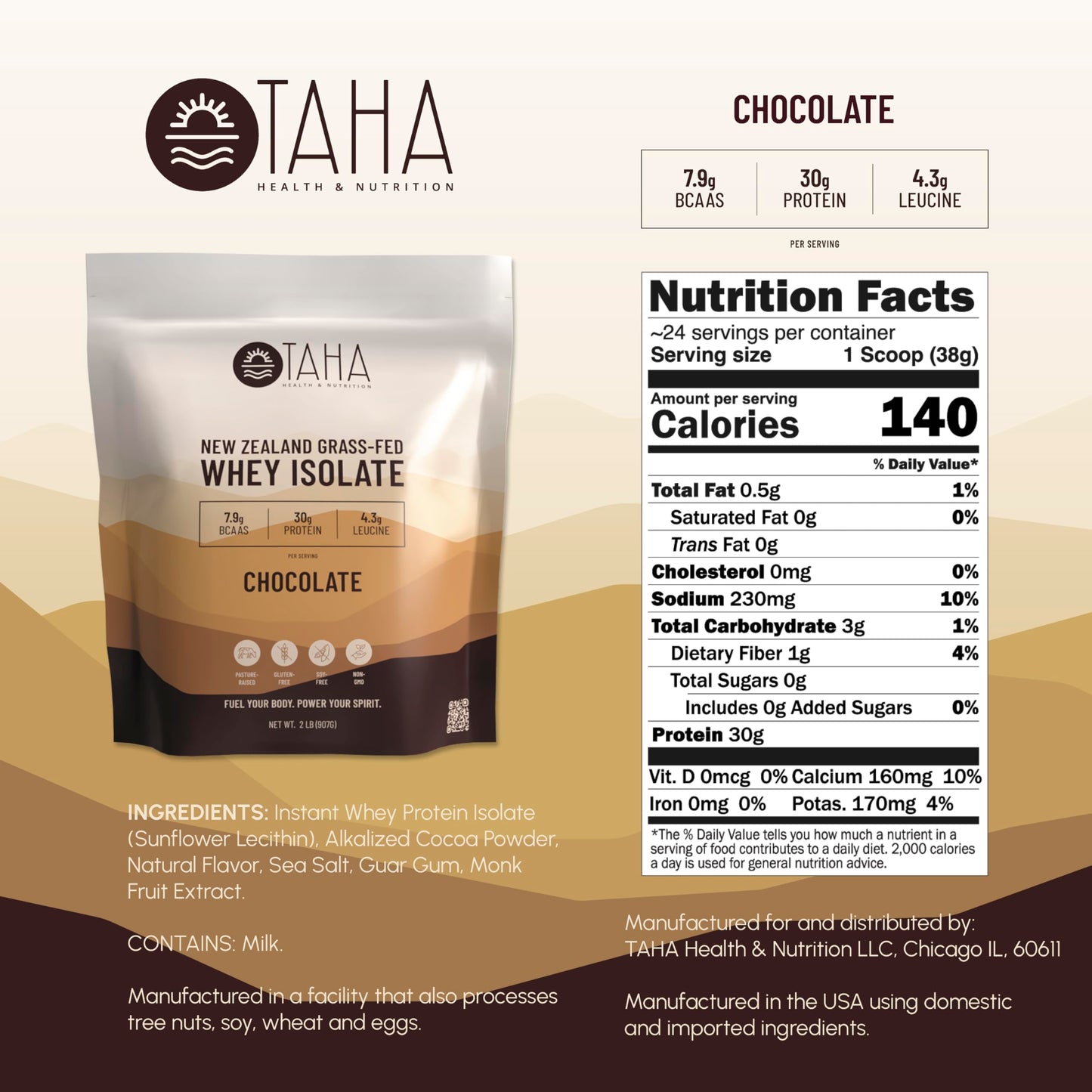 Taha Health & Nutrition Chocolate Whey Protein Isolate Powder, 30g Protein, 7.9g BCAAs, 4.3g Leucine | New Zealand Free-Range, Grass-Fed Dairy | Gluten-Free, Keto, Kosher | 2LB, ~24 Servings