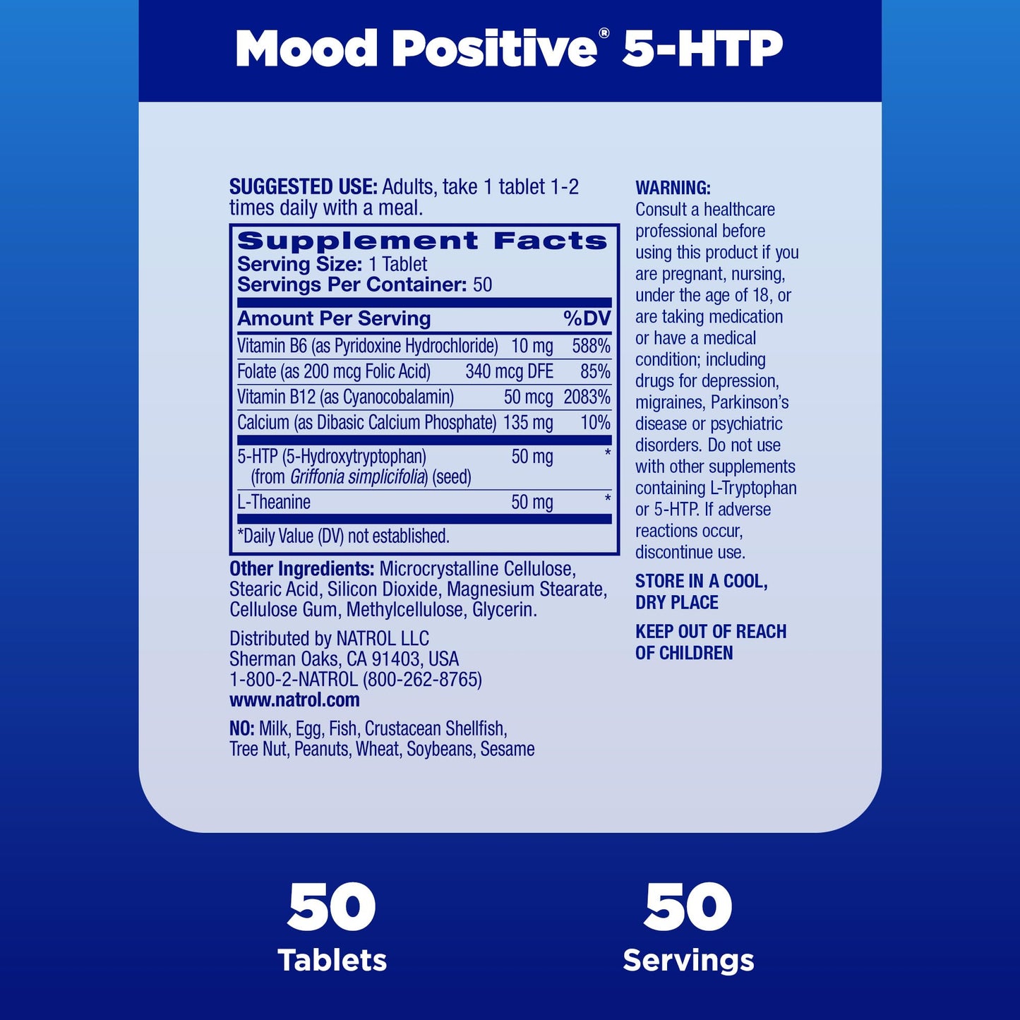 Natrol Mood Positive 5-HTP 50mg With L-Theanine, Vitamin B6, Vitamin B12 and Folate, Dietary Supplement Helps Support a Positive Mood, 50 Tablets, 25-50 Day Supply