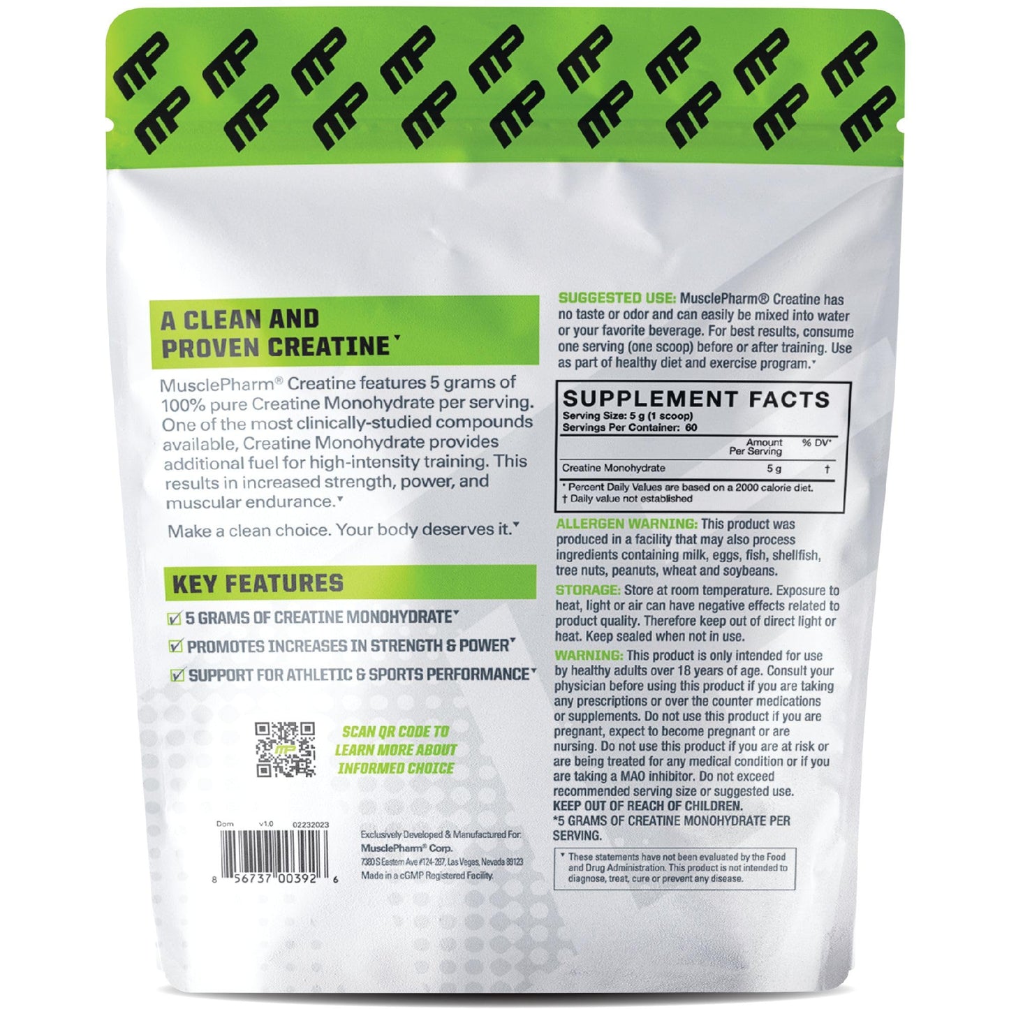 MusclePharm Essentials Creatine Monohydrate Powder, Pre Workout Muscle Builder & Post Workout Muscle Recovery Supplement, Ultra-Pure 100% Monohydrate Creatine Powder, 60 Servings, Unflavored
