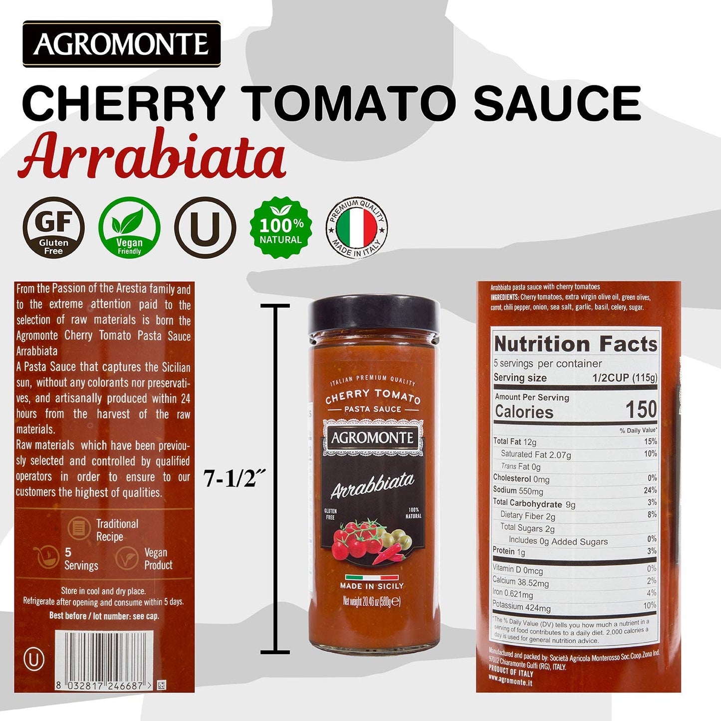 Agromonte Authentic Italian Cherry Tomato Pasta Sauce Arrabbiata Taste of Italy Gourmet Foodie and Chef Gift  Certified Kosher GlutenFree All Natural Spicy Sauce 2046oz 2 pack
