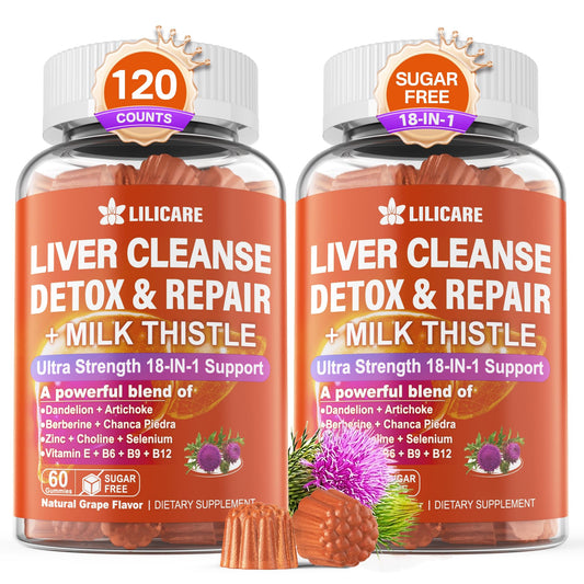 Milk Thistle Liver Detox Gummies, 18-IN-1 Liver Cleanse Detox & Repair Supplement with Organic Berberine, Chicory Root, Turmeric, Artichoke, Dandelion Root, Chanca Piedra, Vitamins B6 B9 B12,Pack of 2