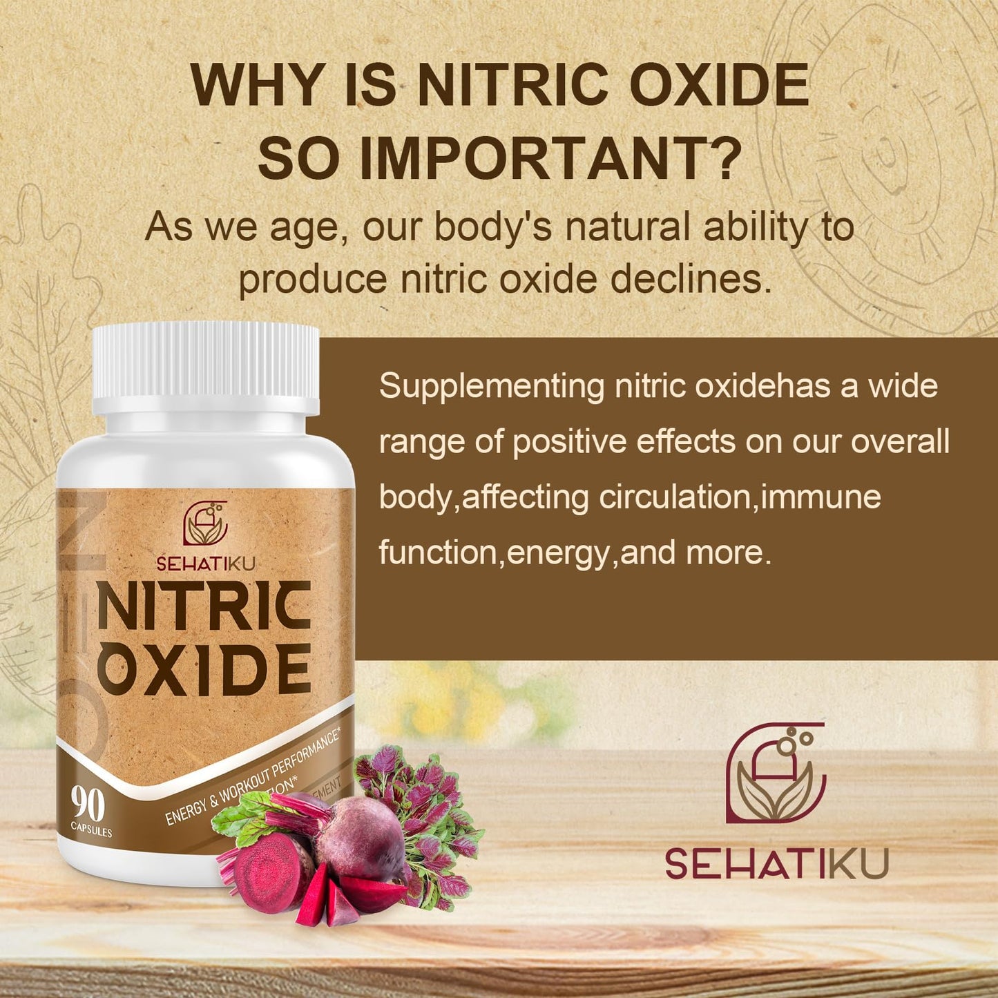 SehatiKu Nitric Oxide Supplement, Nitric Oxide Booster & 6-in-1 Phytonutrient Blend for Heart, Circulation, Immune - 90 Capsules (1 Bottle)