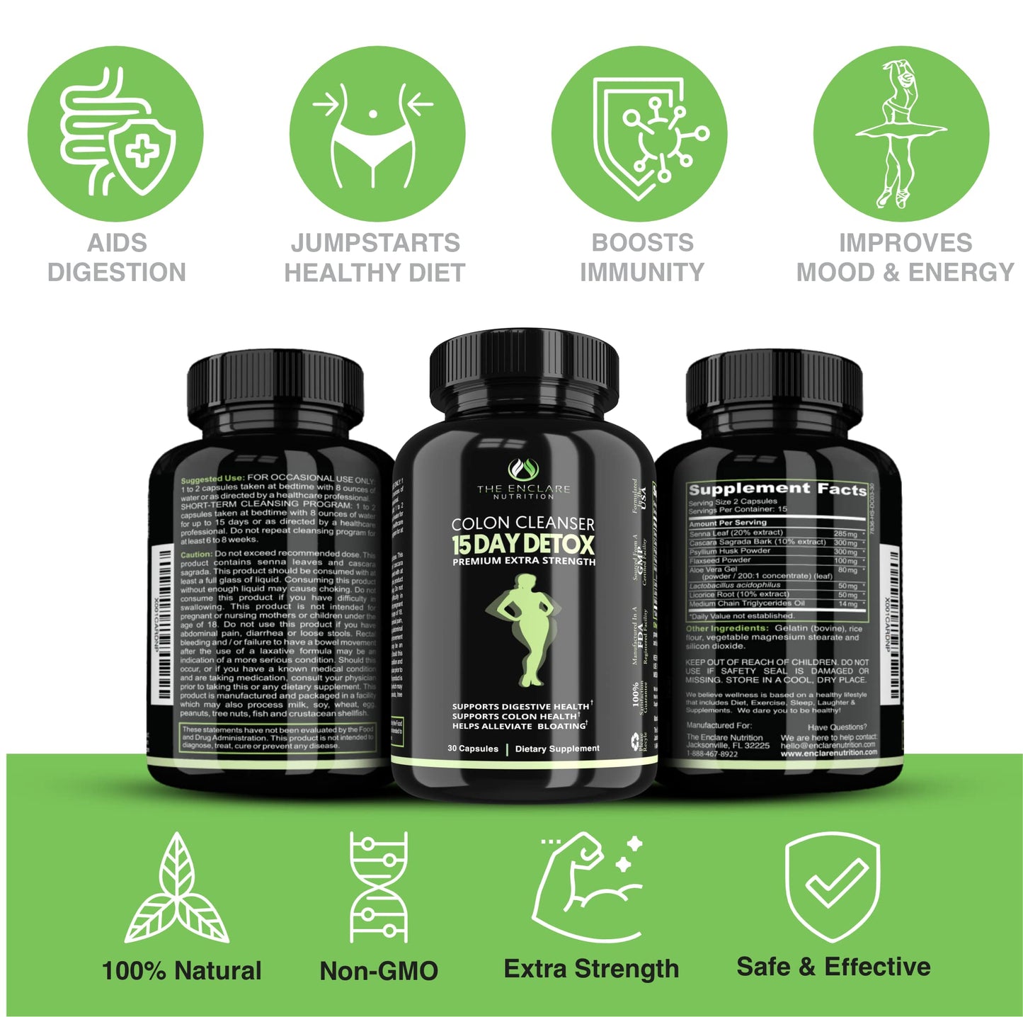 THE ENCLARE NUTRITION Colon Cleanser Detox. Premium 15 Day Fast-Acting Diet Pills, Probiotic, Fiber, Natural Laxatives Constipation Relief, Bloating. Boosts Energy, Focus, Gut Health (1)