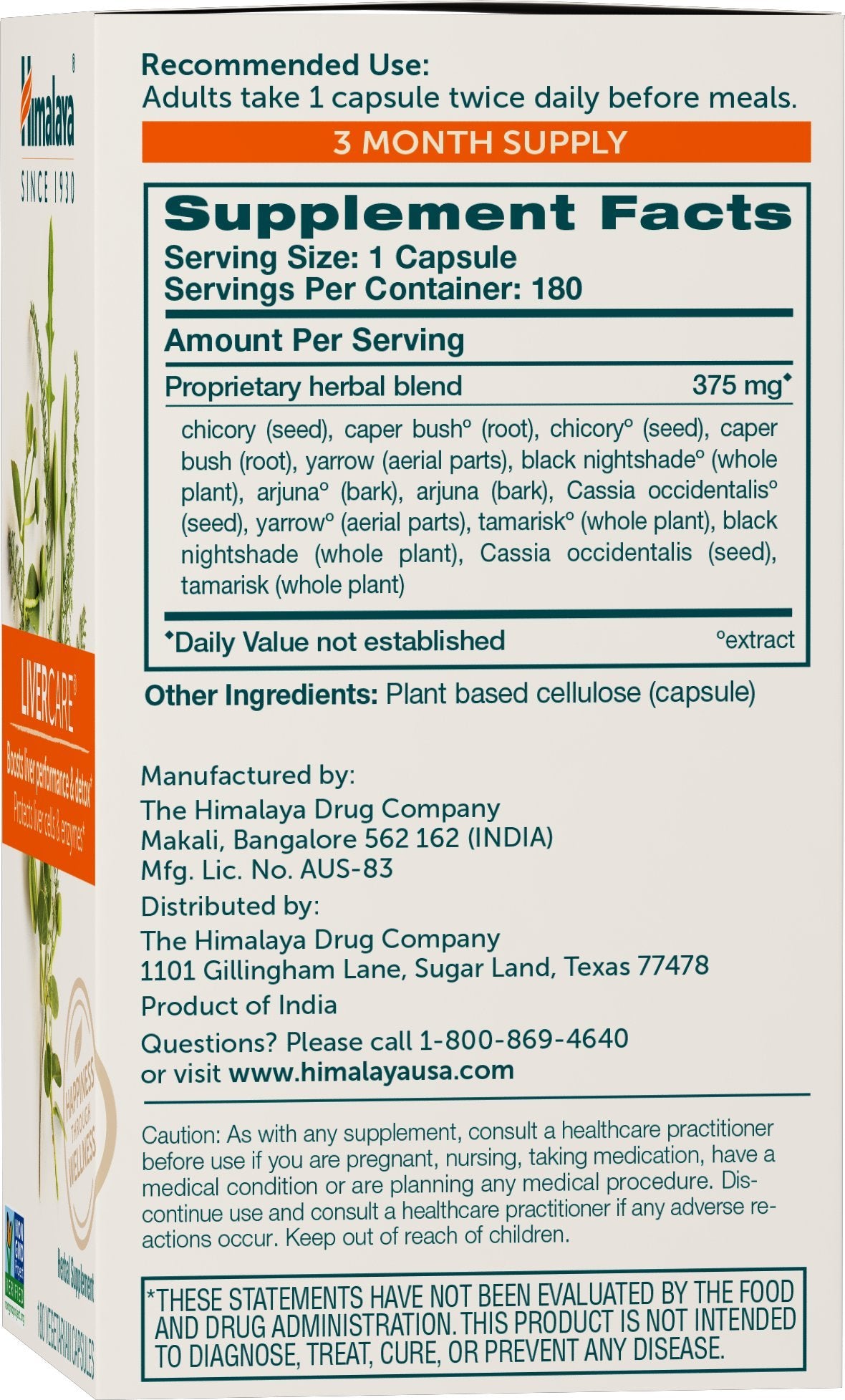Himalaya LiverCare Herbal Supplement, Liver Cleanse, Liver Support, Eliminates Waste, Cleansing, Vegan, Non-GMO, Herbal Blend, 375 mg, 180 Capsules, 90 Day Supply