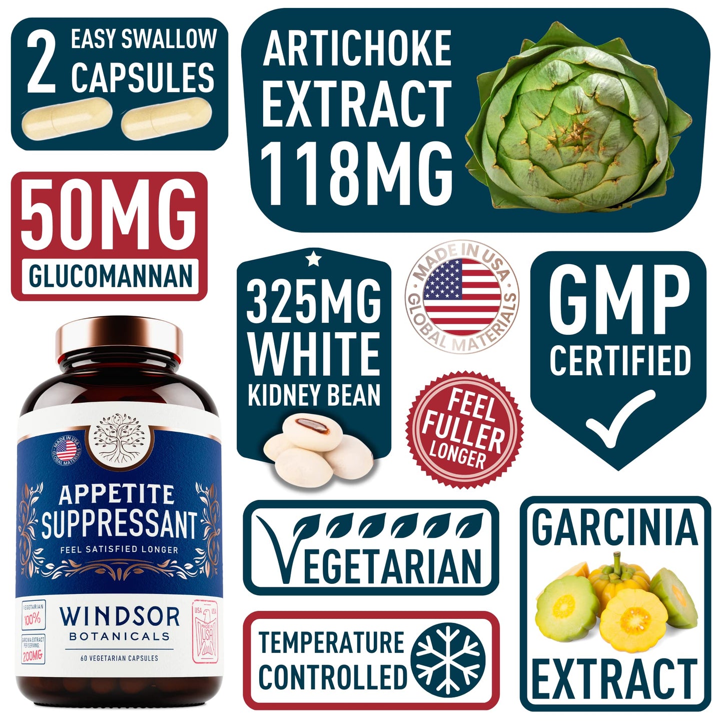 Appetite Suppressant for Weight Loss - Garcinia Cambogia, Glucomannan Appetite Control Supplements and Metabolism Booster for WeightLoss - Lose Weight Fast for Women and Men - 60 Veggie Diet Pills