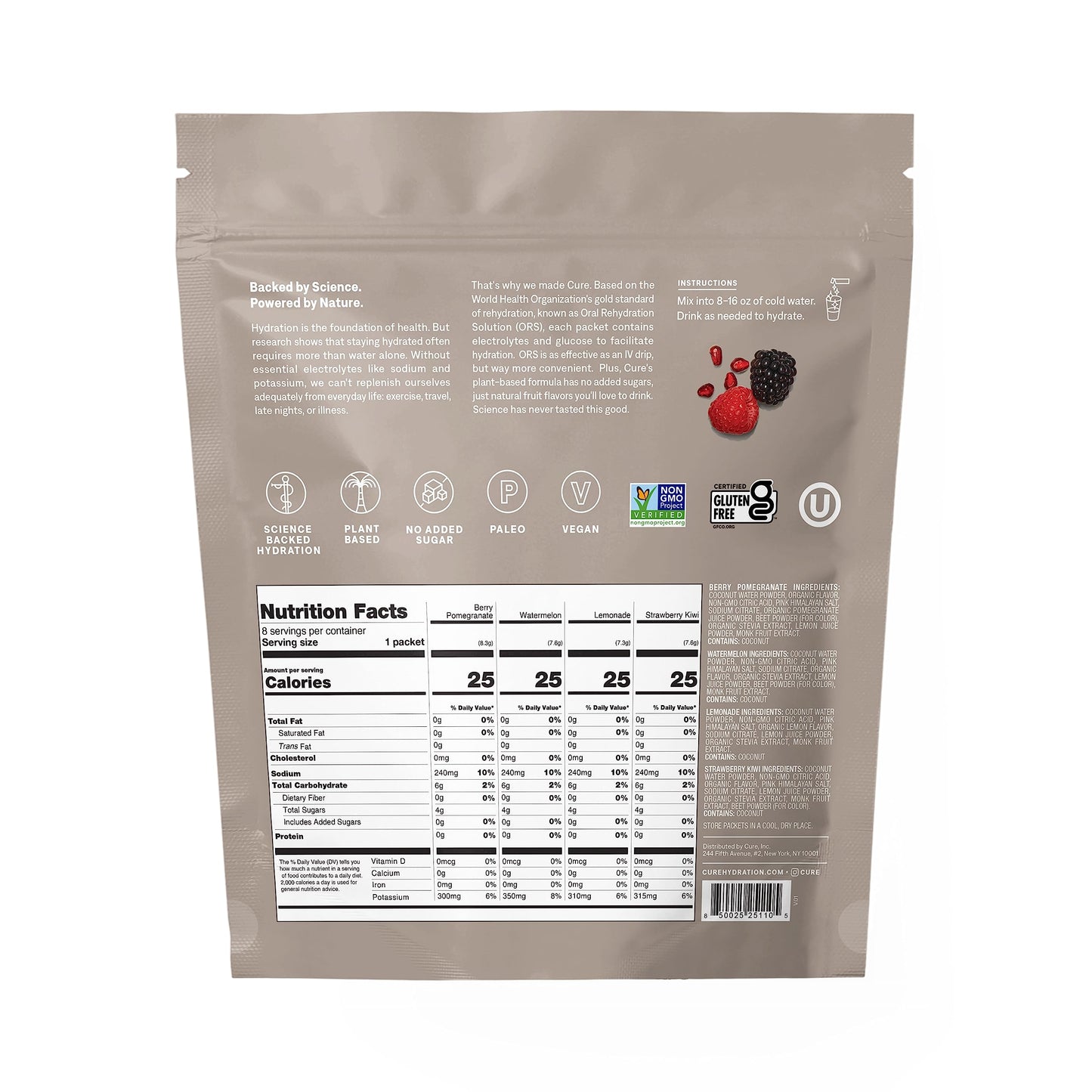 Cure Hydration | Plant-Based Electrolyte Drink Mix | No Added Sugar | FSA & HSA | Dehydration Relief Powder Made with Coconut Water | Non-GMO | Vegan | 8 Servings - Variety Pack