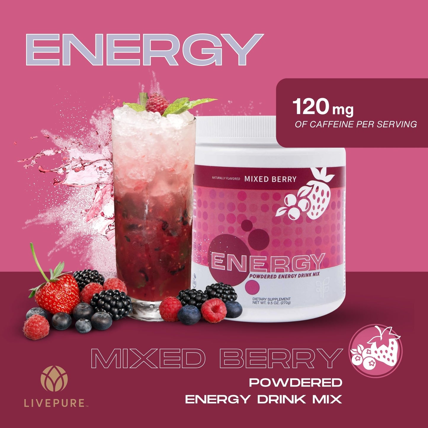 Pure Energy with Wheat Grass Mixed Berry Sugar-Free Powder Mix Dietary Supplement Net Wt. 9.5 oz (270g)