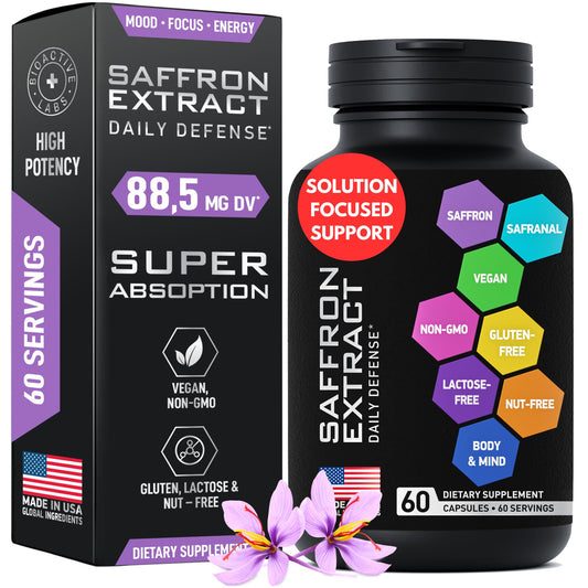BIOACTIVE LABS Optimized Saffron Supplements - 88.5mg Pure Saffron Extract for Mood Support, Focus, Energy - Plus Crocin, Crocetin, Kaempferol - Gluten-Free, Non-GMO - 1-a-Day 60 Capsules