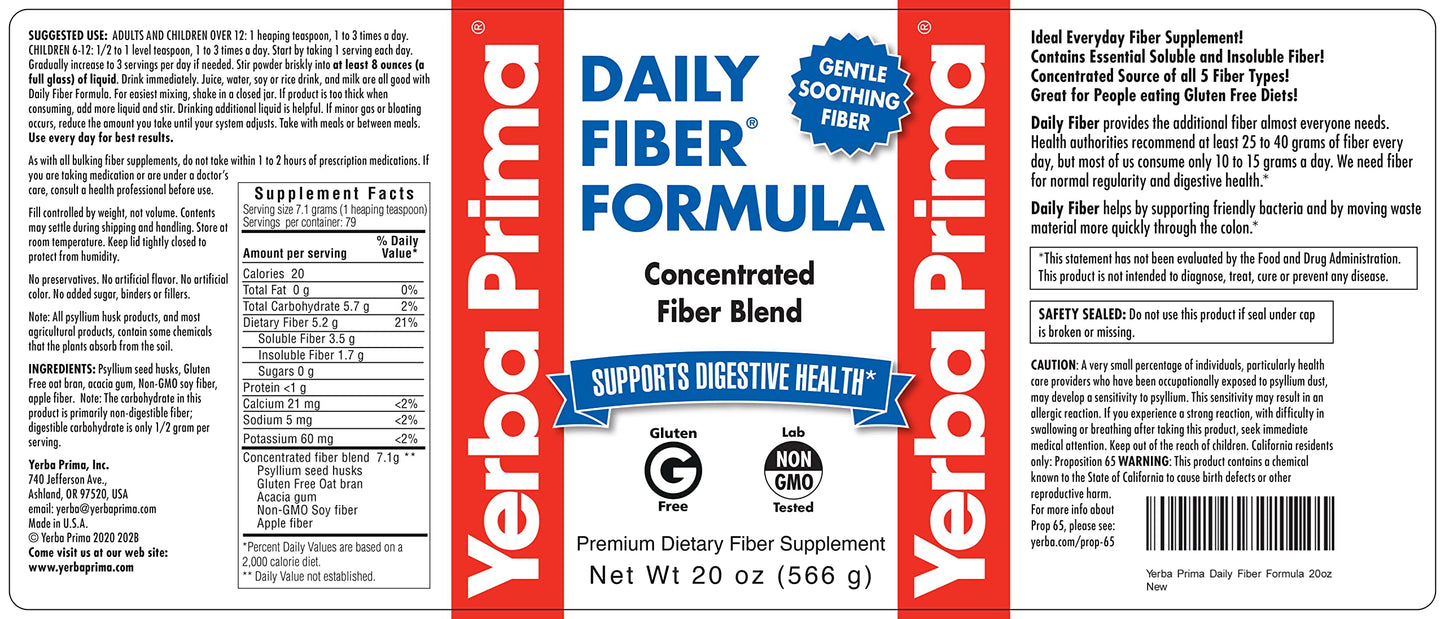 Yerba Prima Daily Fiber Formula - 20 oz Powder - Unflavored, Concentrated Blend of Soluble/Insoluble, Psyllium Seed Husks, Acacia Gum, Apple Fiber for Bulk - Dietary Bulking Supplement - Regularity