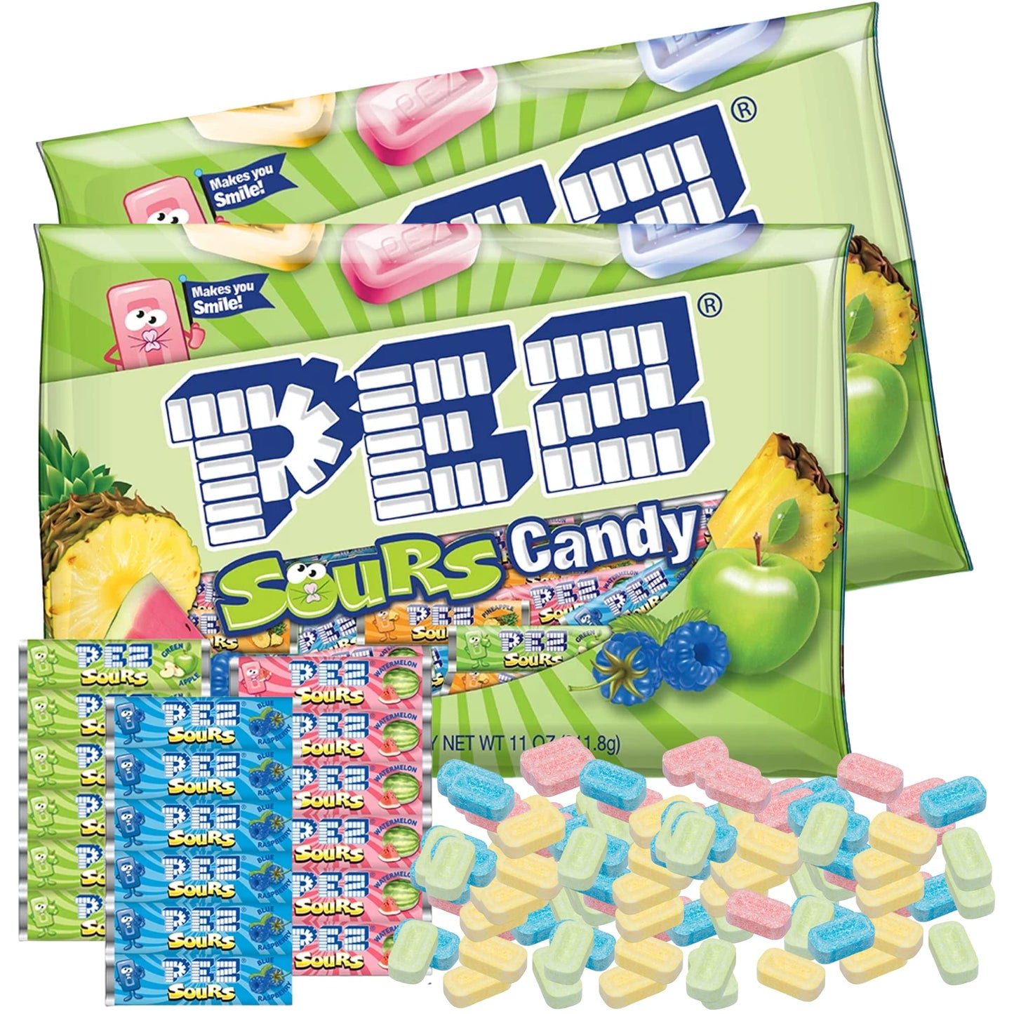 Bulk Sour Pez Candies Refill Bags Pineapple Green Apple Blue Raspberry and Watermelon Hard Candy Sours Pack of 2