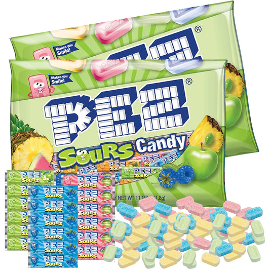 Bulk Sour Pez Candies Refill Bags Pineapple Green Apple Blue Raspberry and Watermelon Hard Candy Sours Pack of 2