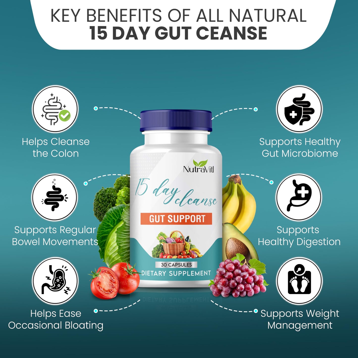 15 Day Gut Cleanse (30 Capsules) Advanced Detox Gut Support Formula with Senna, Cascara Sagrada & Psyllium Husk - Promotes Digestive Health & Regularity for Women and Men