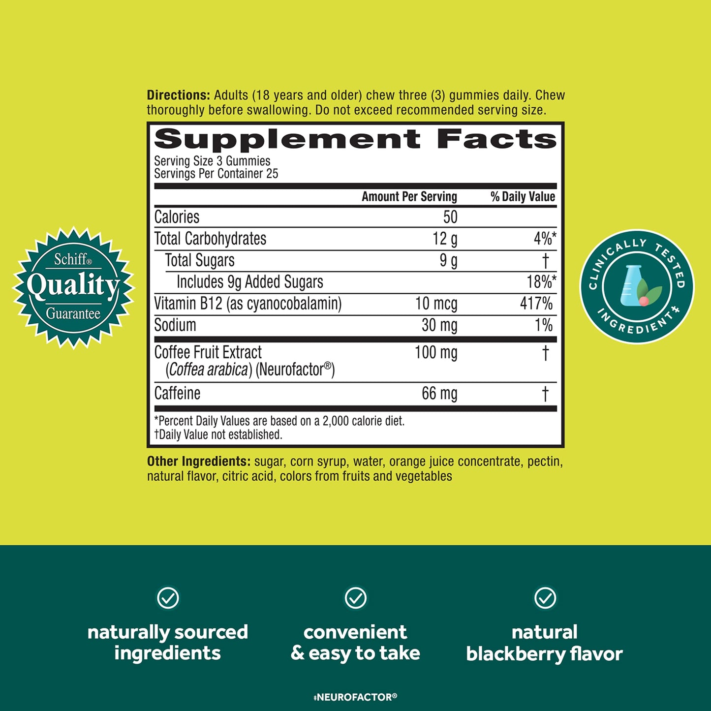 NEURIVA Brain + Energy Gummies, Nootropic Brain Supplements for Focus and Concentration with Neurofactor, Vitamin B12 & Caffeine for an Energy Boost*, 75ct Natural BlackBerry