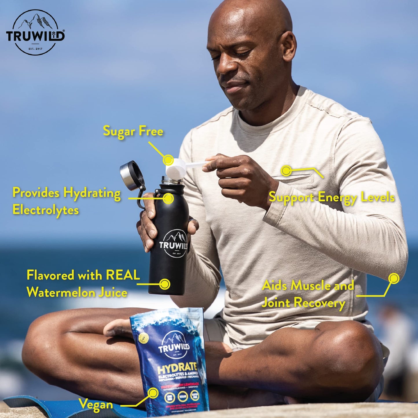 TruWild Natural Hydration Powder with Zero Sugar, Vegan Electrolytes + Amino Acids, Recovery Drink for Everyday Use, Post Workout Muscle Support Supplement with Magnesium (Watermelon Lemonade)