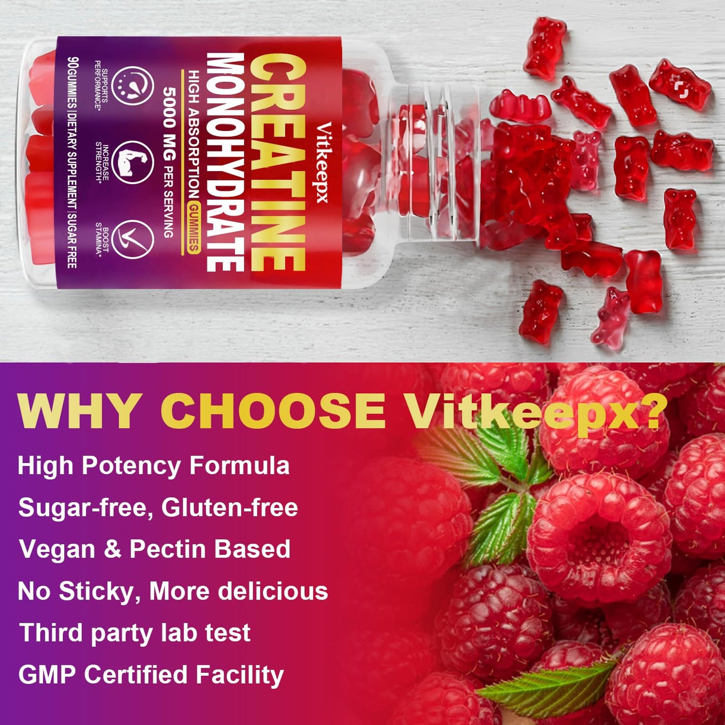 Creatine Monohydrate Gummies Infused with 5g Creatine for Men and Women, Chewables Creatine Monohydrate for Muscle Strength, Muscle Builder, Energy Boost, Pre-Workout Supplement(90 Count)-Raspberry