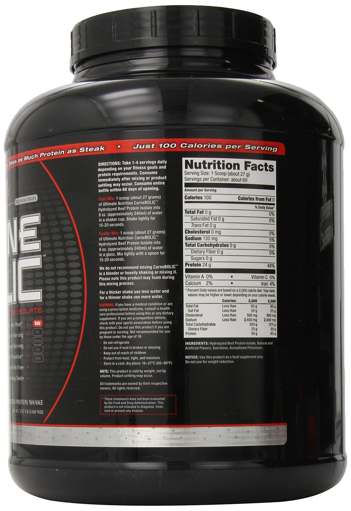 Ultimate Nutrition Carne Bolic Beef Protein Powder, Lactose Free Protein Shakes, Paleo and Keto Friendly with No Sugar or Carb, Low Calorie Isolate Powder, Hydrolized Protein, 60 Servings, Vanilla