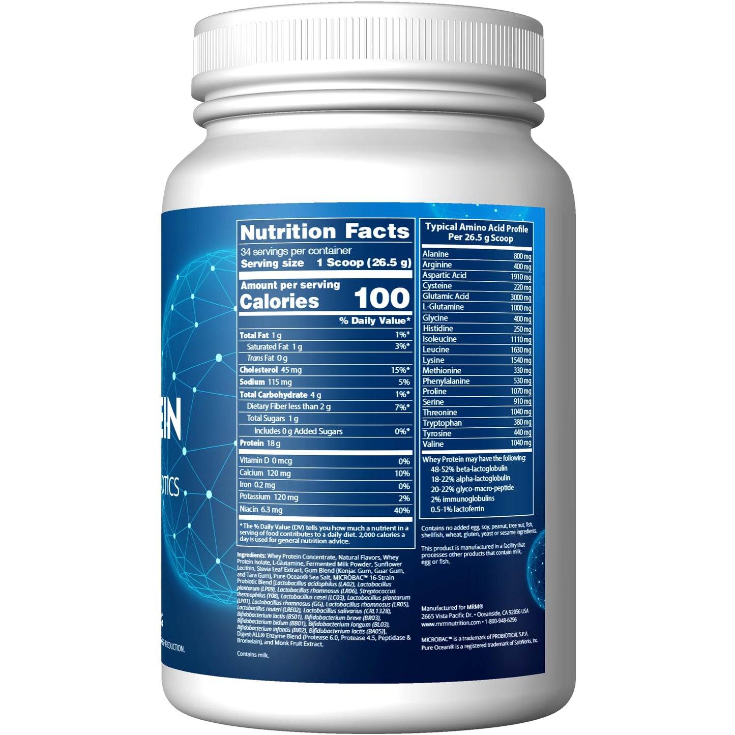 MRM Nutrition Whey Protein | Vanilla Flavored |18g Protein | with 2 Billion probiotics + Digestive enzymes + BCAAs | High Absorption + Digestion | Hormone + antibiotic Free | 33 Servings