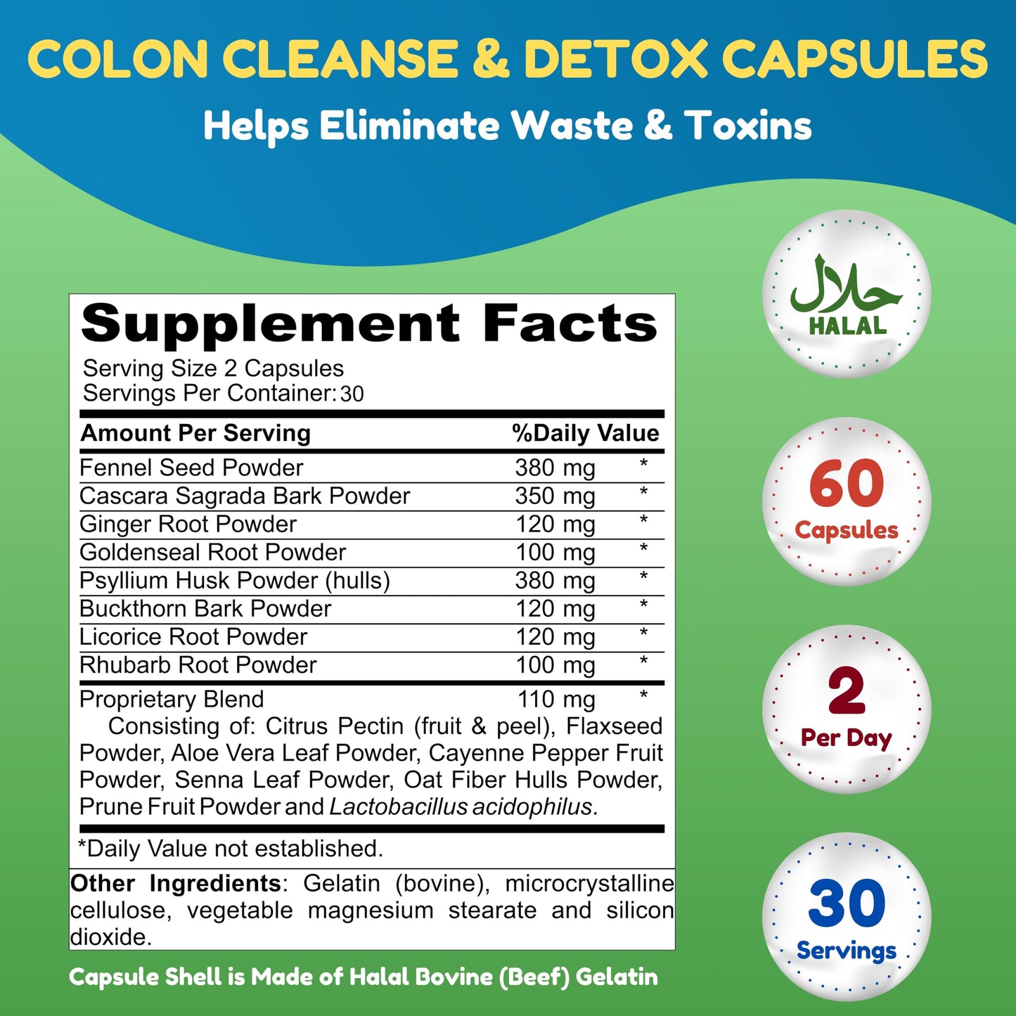 SHIFAA NUTRITION Premium Colon Cleanse & Herbal Detox Pills | 2x15 Days Supply | with Probiotics, Fennel Seed, Cascara Sagrada & Ginger Root Halal Vitamins