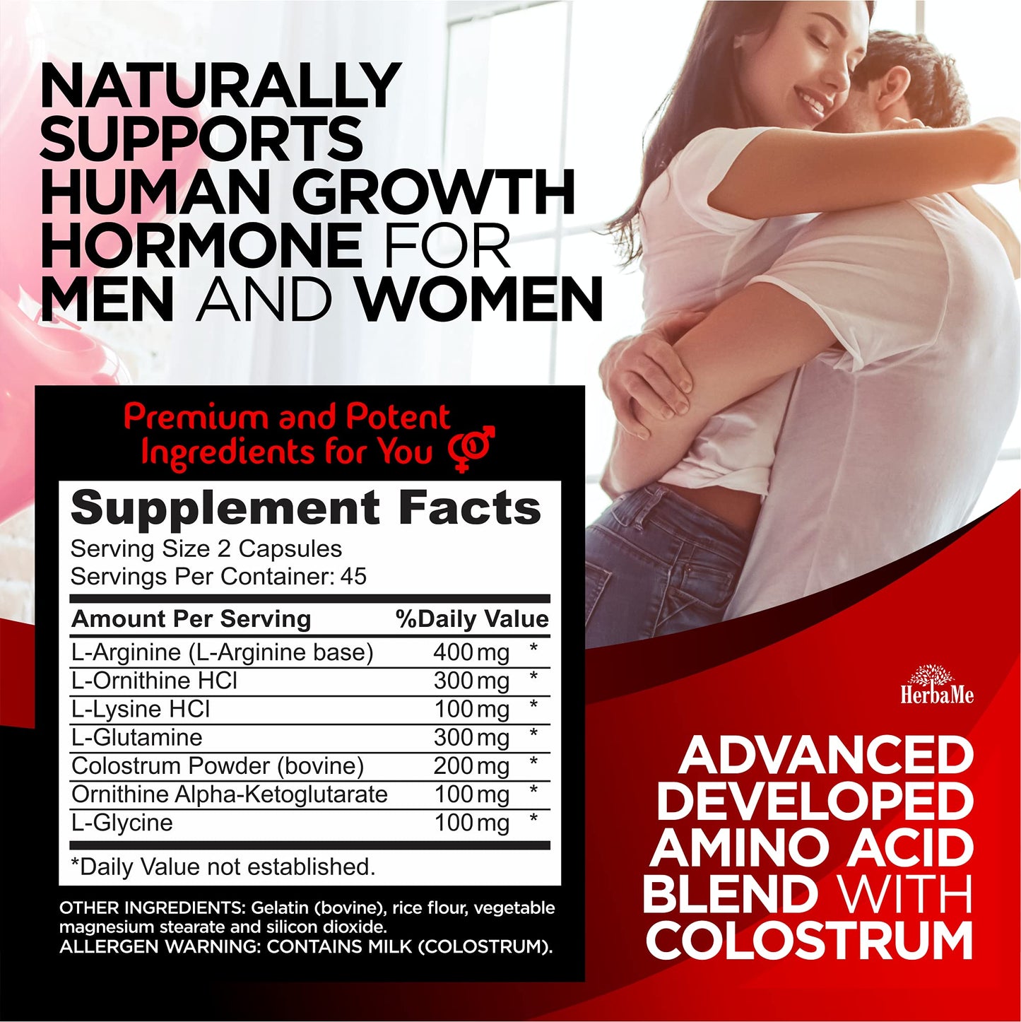 HerbaMe HGH Supplements for Men and Women, 90 Capsules - Naturally Supports Human Growth Hormone, Muscle Building, Muscle Growth Formula, Post Workout Recovery Amino Acid Blend with Colostrum Pills
