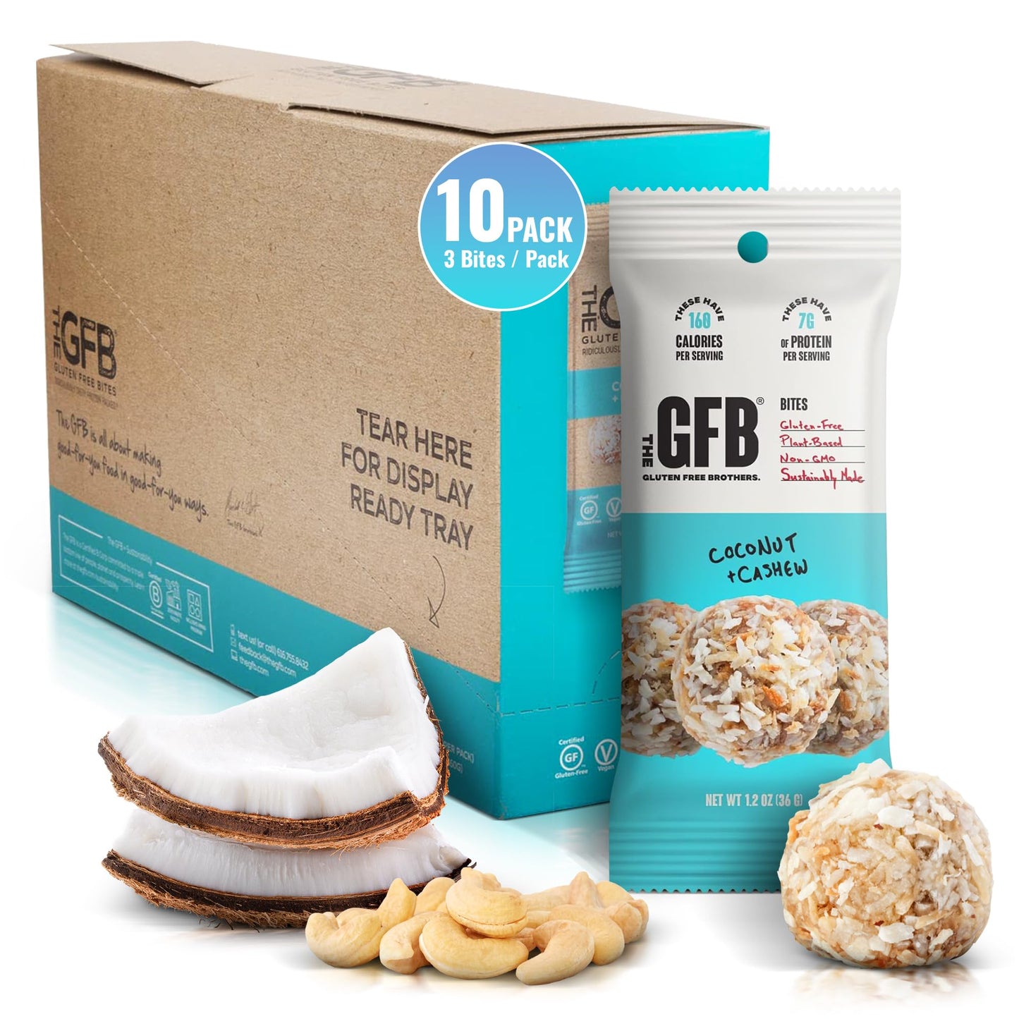 The GFB Coconut Cashew Protein Bites - Gluten Free, Plant Based, Non GMO, Sustainably Made - Ridiculously Tasty, Healthy, Vegan, Protein Energy Balls, 1.2 oz (10 count)