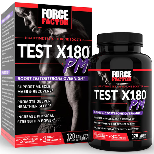 Force Factor Test X180 PM Testosterone Booster for Men, Overnight Testosterone Supplement to Build Muscle, Increase Strength, and Promote Deeper, Healthier Sleep and Recovery, 120 Tablets