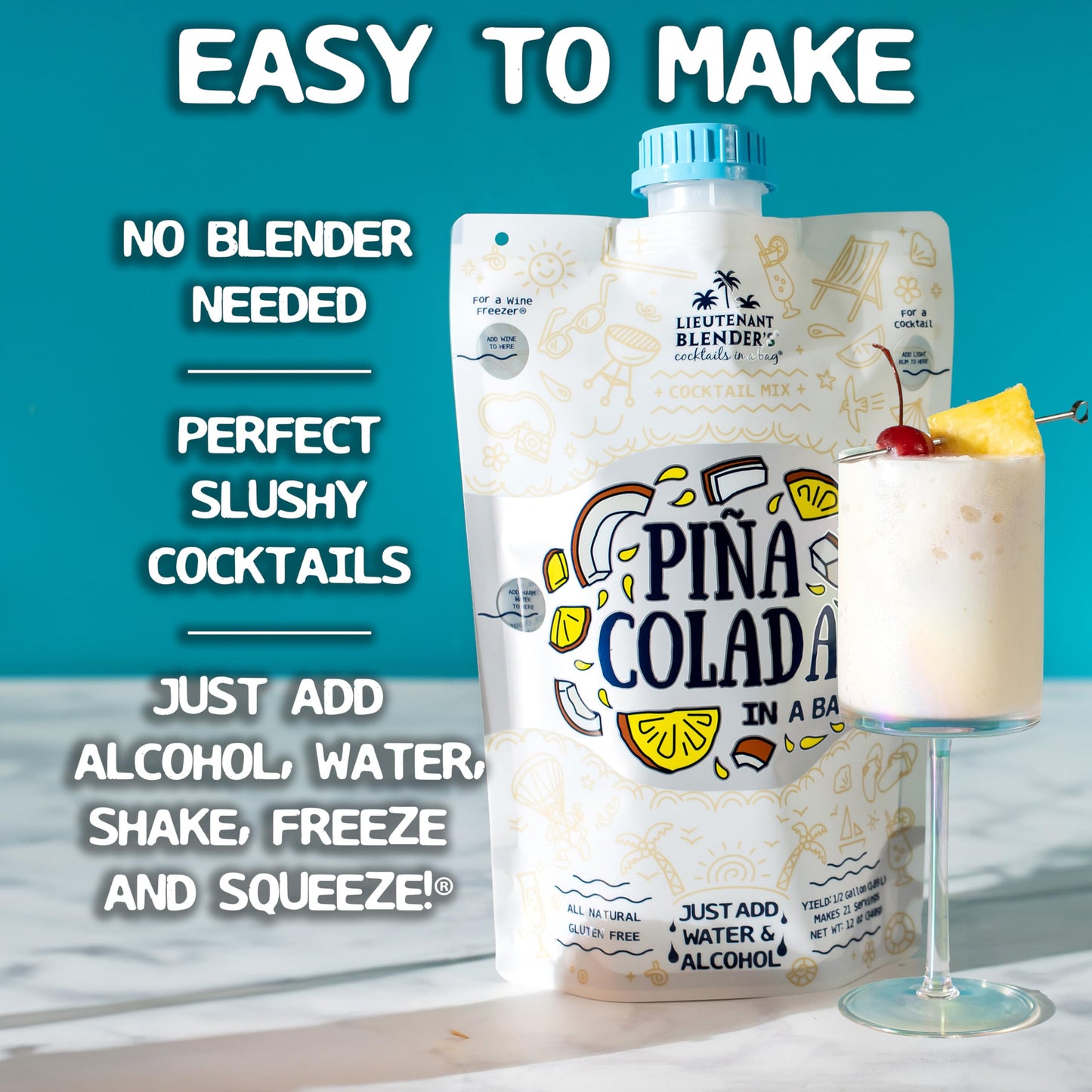 Lt Blenders Pina Colada in a Bag  Pina Colada Drink Mix  Each Bag Makes 12 Gallon of Slushie Pina Colada Mix  Cocktail Mix  Make a Cocktail Wine Slushie or Mocktail  Pack of 4
