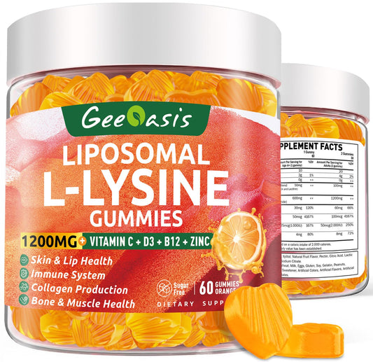 Liposomal L-lysine Gummies 1200mg, Lysine Chewable Supplement with Vitamin C, D3, B12 & Zinc for Adults & Kids, Immune & Collagen Support, Lips & Skin Health, Vegan, Natural Fruit Flavor, 60CT