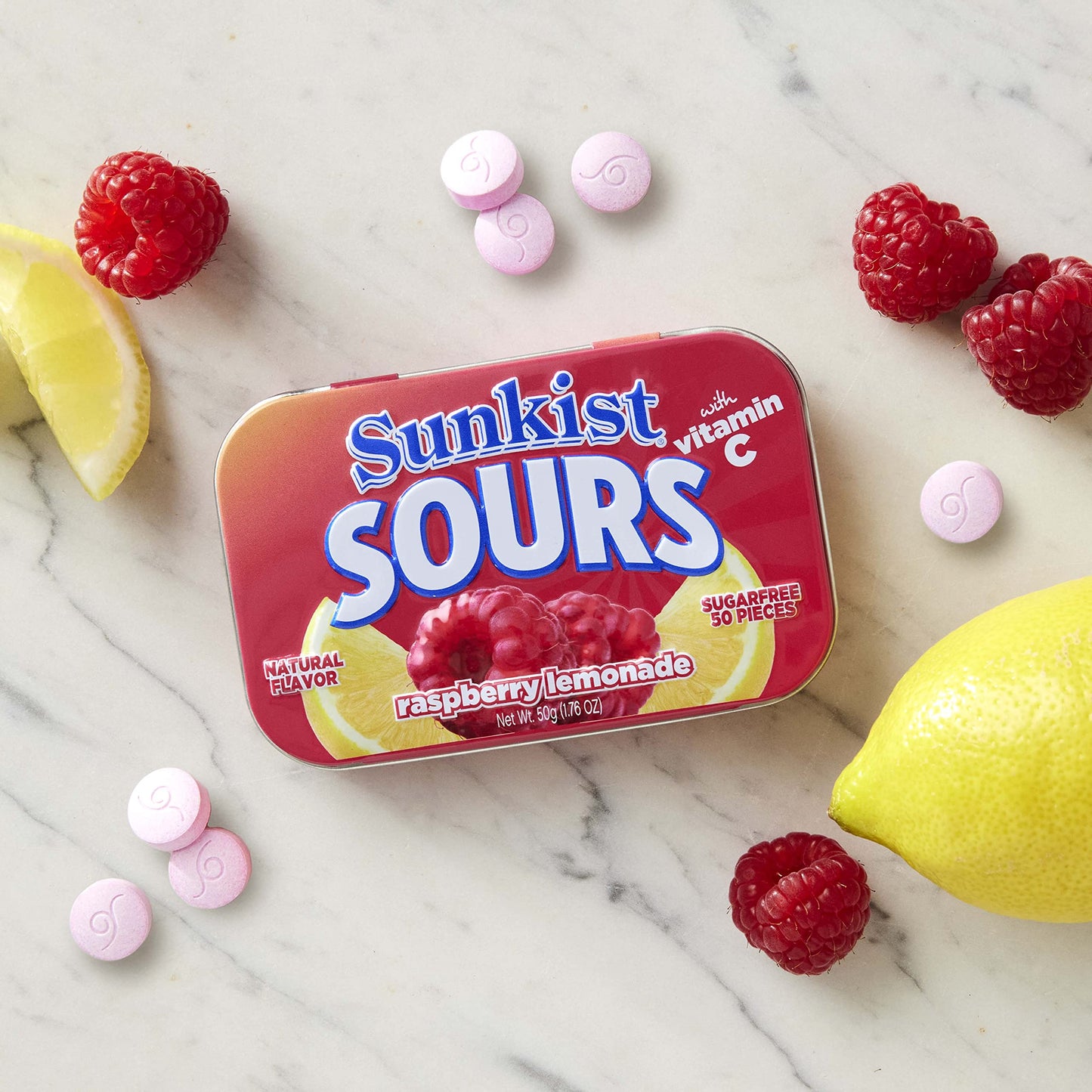 Sunkist Sours Raspberry Lemonade Vitamin C Sugar Free Sour Candy 176 Ounce Tin  6 Count Tray