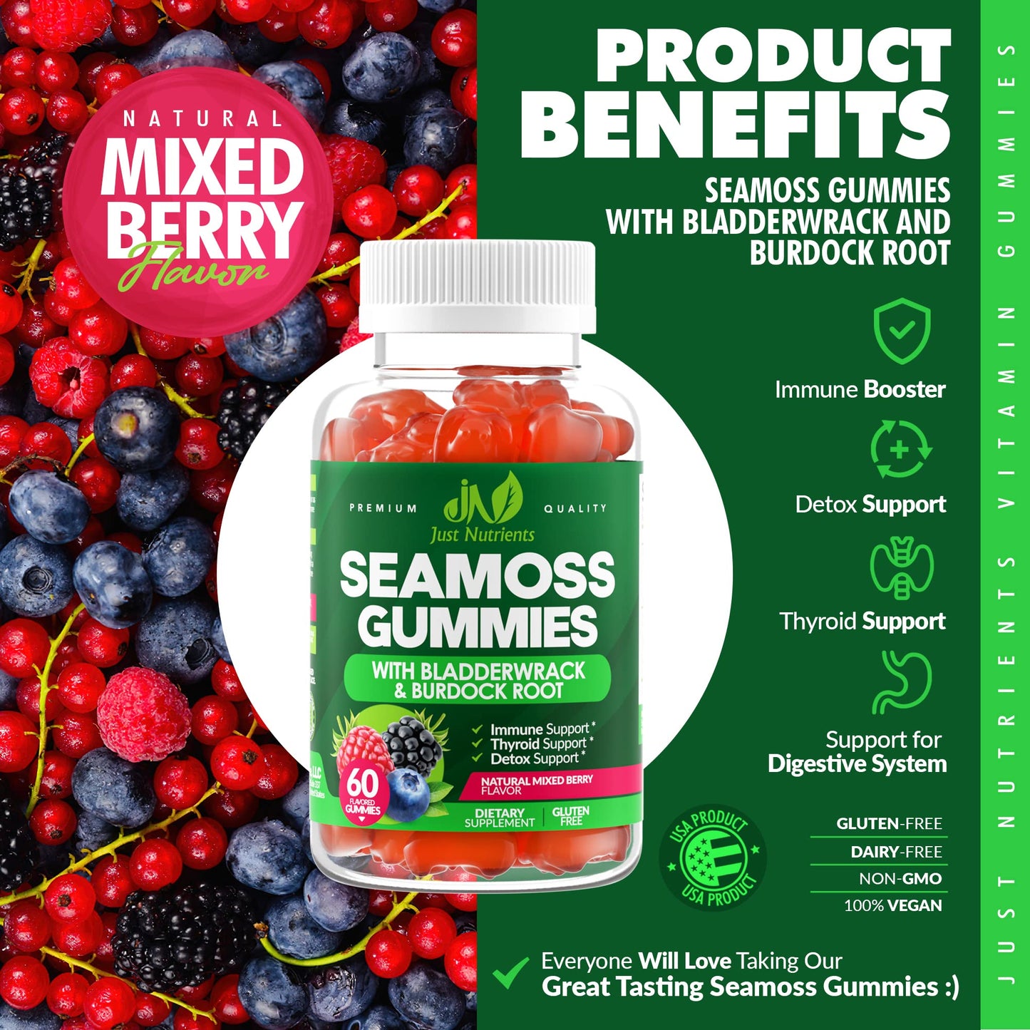 Sea Moss 3000mg Gummies with Bladderwrack and Burdock Root - Natural Irish Sea Moss for Immune, Thyroid and Detox Support - Extra Strength, Great Tasting - Gluten-Free, Vegan - 60 Gummies