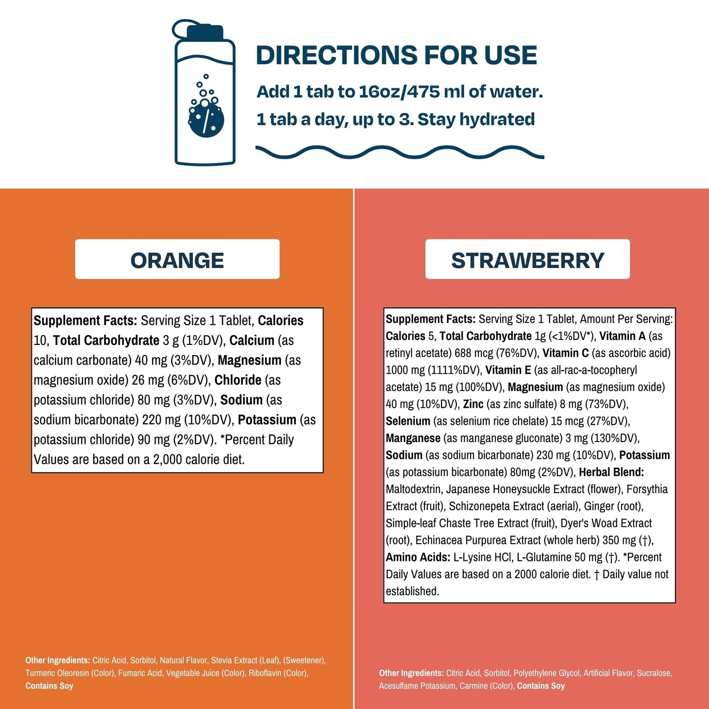 Drinklits Orange Daily Hydration Tablets + Strawberry Immunity Tablets (2) Tube Pack | Essential Electrolytes - Great Taste - Immune Support | 20 Servings (10 Tablets Per Tube)