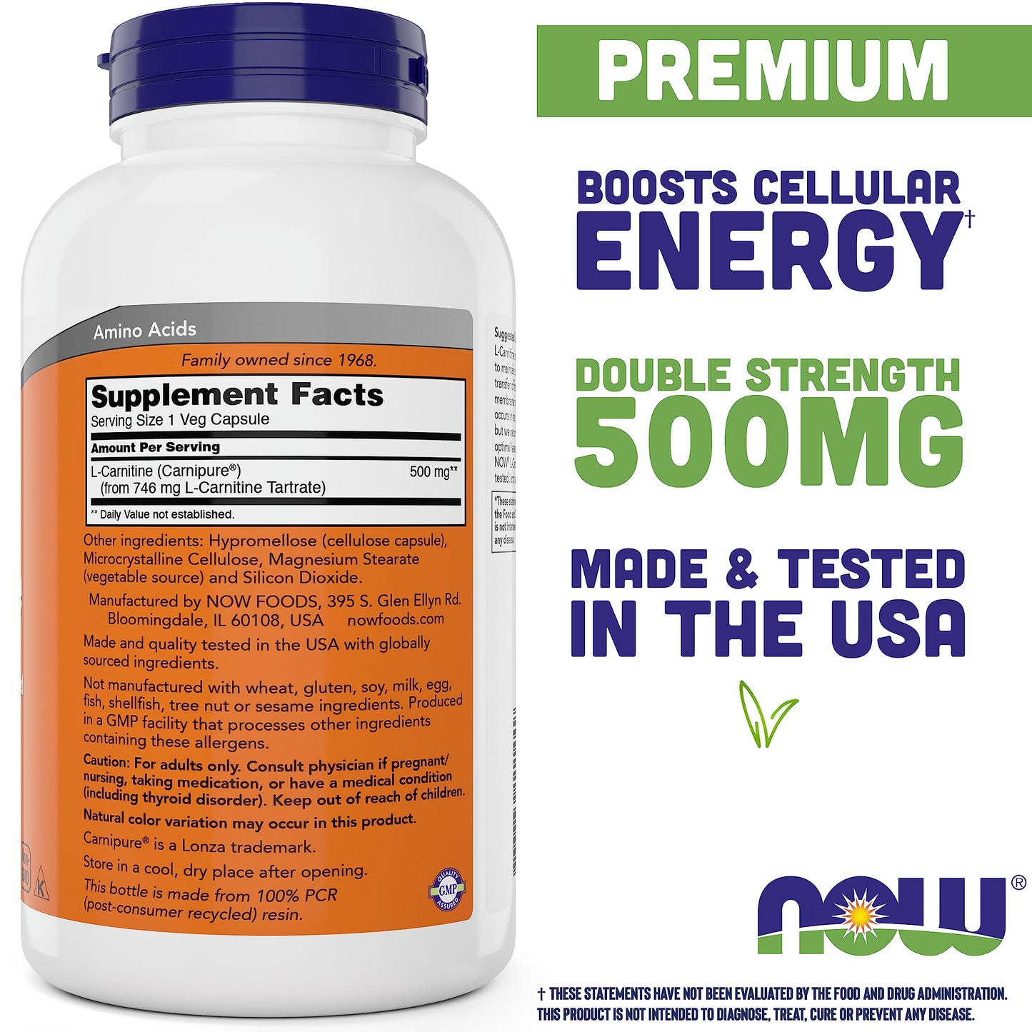 NOW Foods L-Carnitine 500 mg, 240 Veg Caps - Fitness Support* - Purest Form - Non-GMO - Vegan/Vegetarian - 500mg Capsules - Amino Acid Health Supplement