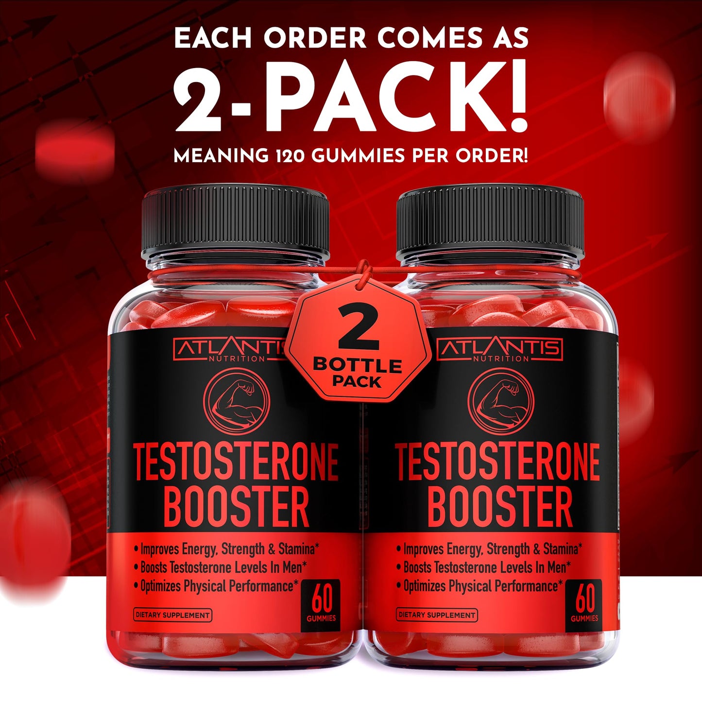 Atlantis Nutrition Testosterone Booster Gummies For Men - Enhances Strength & Stamina - Optimizes Performance & Male Enhancement - Made With Tribulus, Horny Goat Weed, Maca Root | 2-Pack (120 Gummies)