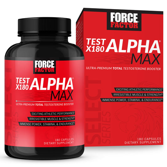 FORCE FACTOR Test X180 Alpha Max Total Testosterone and Nitric Oxide Booster for Men with Fenugreek Seed and Tribulus to Increase Blood Flow and Improve Male Athletic Performance, 180 Capsules