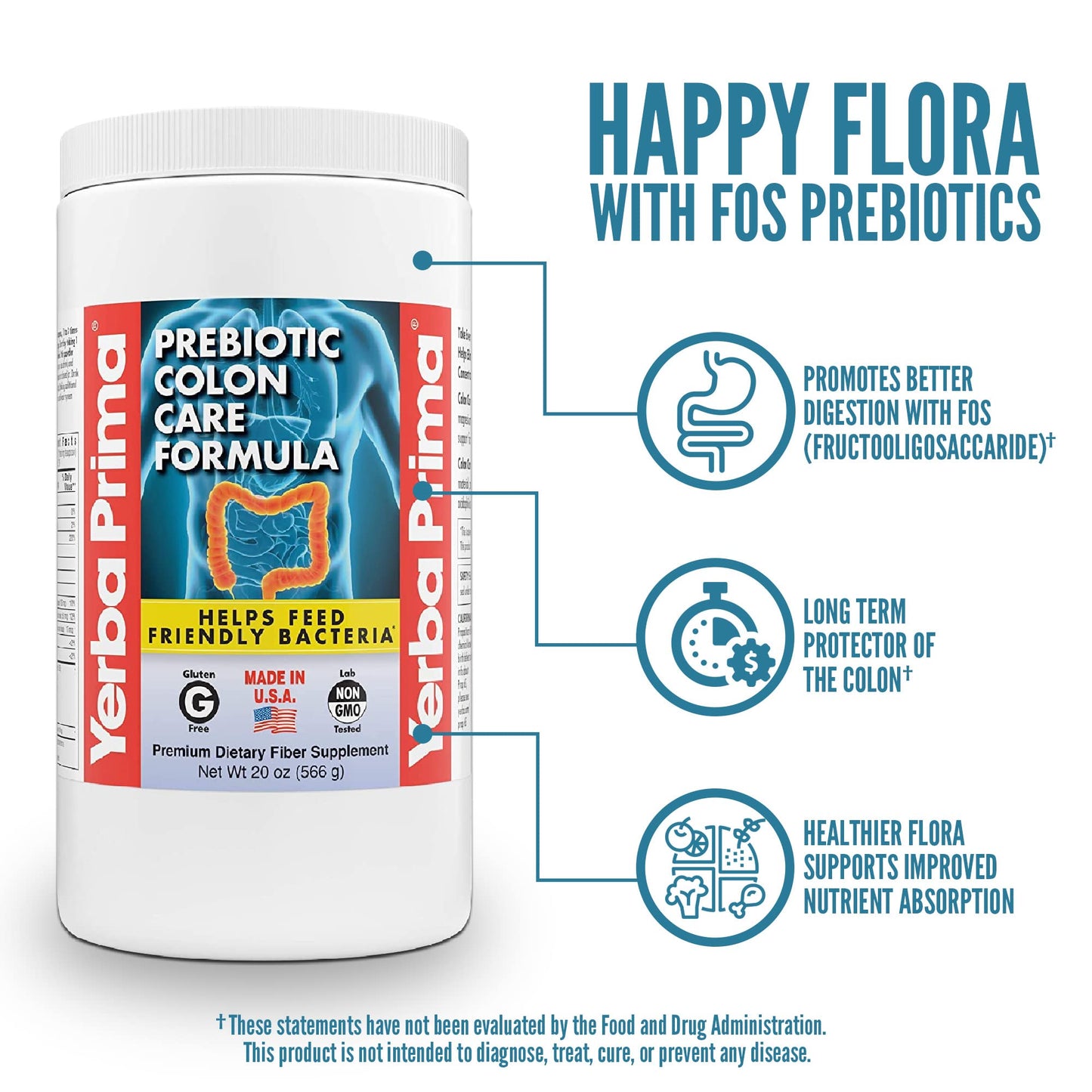 Yerba Prima Prebiotic Colon Care Formula, 20 oz Powder with FOS - Natural Psyllium Fiber, Magnesium, Selenium - Non-GMO, Gluten Free, Vegan Daily Supplement - for Men & Women