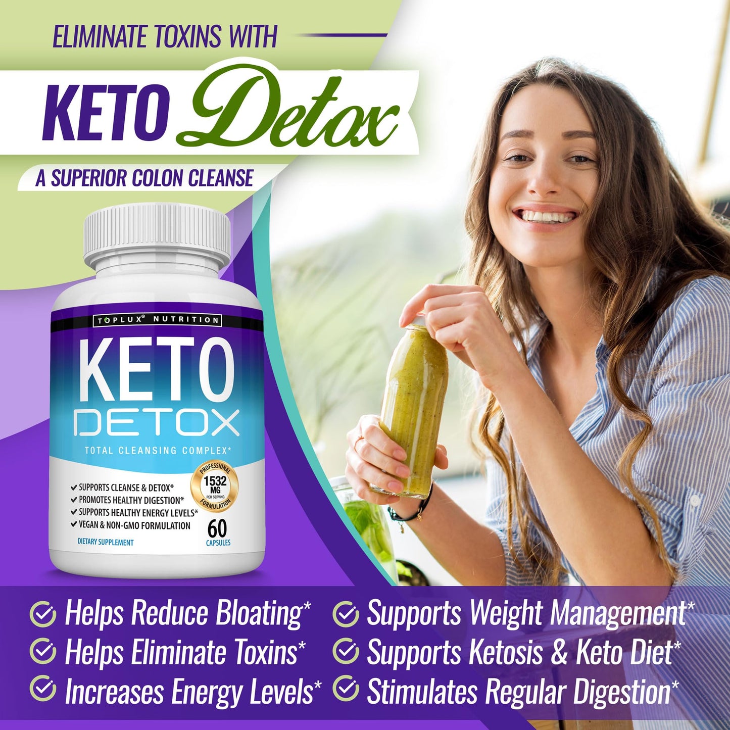 Toplux Keto Detox Pills Advanced Cleansing Extract - 1532 Mg Natural Acai Colon Cleanser Formula, Flush Toxins & Excess Waste, for Men Women, 60 Capsules, Supplement