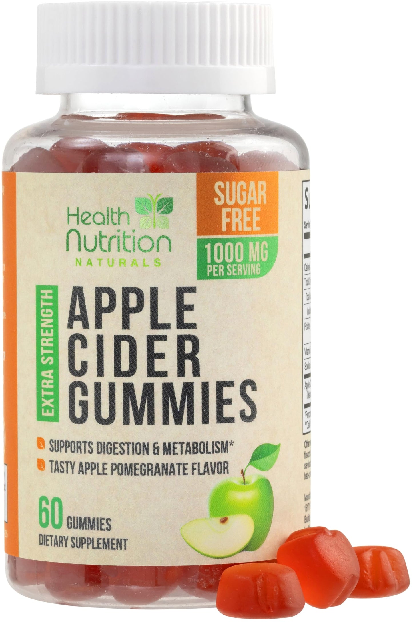 Vegan Apple Cider Vinegar Gummies | Max Strength 1000mg | Sugar Free ACV Supplement Gummy Vitamins Supports Digestion, Metabolism, Natural Apple Flavor with Mother, Non-GMO, Gluten Free - 60 Gummies