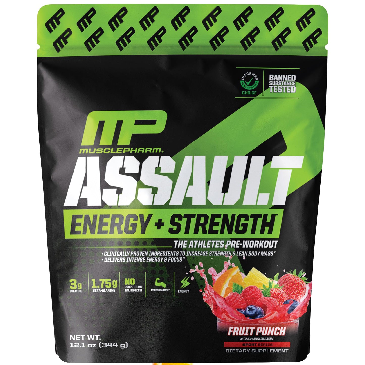 Muscle Pharm Assault Energy & Strength Pre Workout Powder for Men & Women with Beta Alanine, Caffeine, Creatine & Betaine Anhydrous, Pre-Workout Supplements, 30 Servings, Fruit Punch Flavor