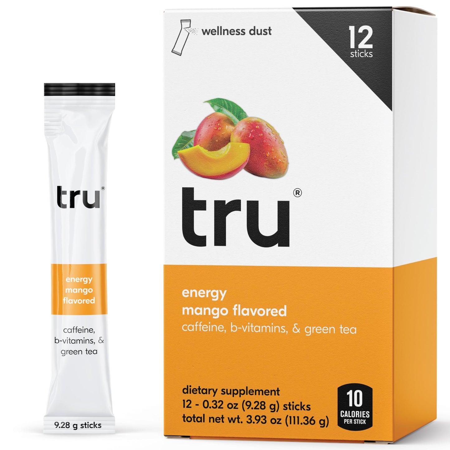 Tru Energy Powder, Natural Caffeine and B-Vitamin Supplement for Hours of Energy, Mango Flavored Energy Dust, Caffeine Free, Kosher, Gluten Free, Vegan, Low Calories, Zero Sugar (Pack of 12)