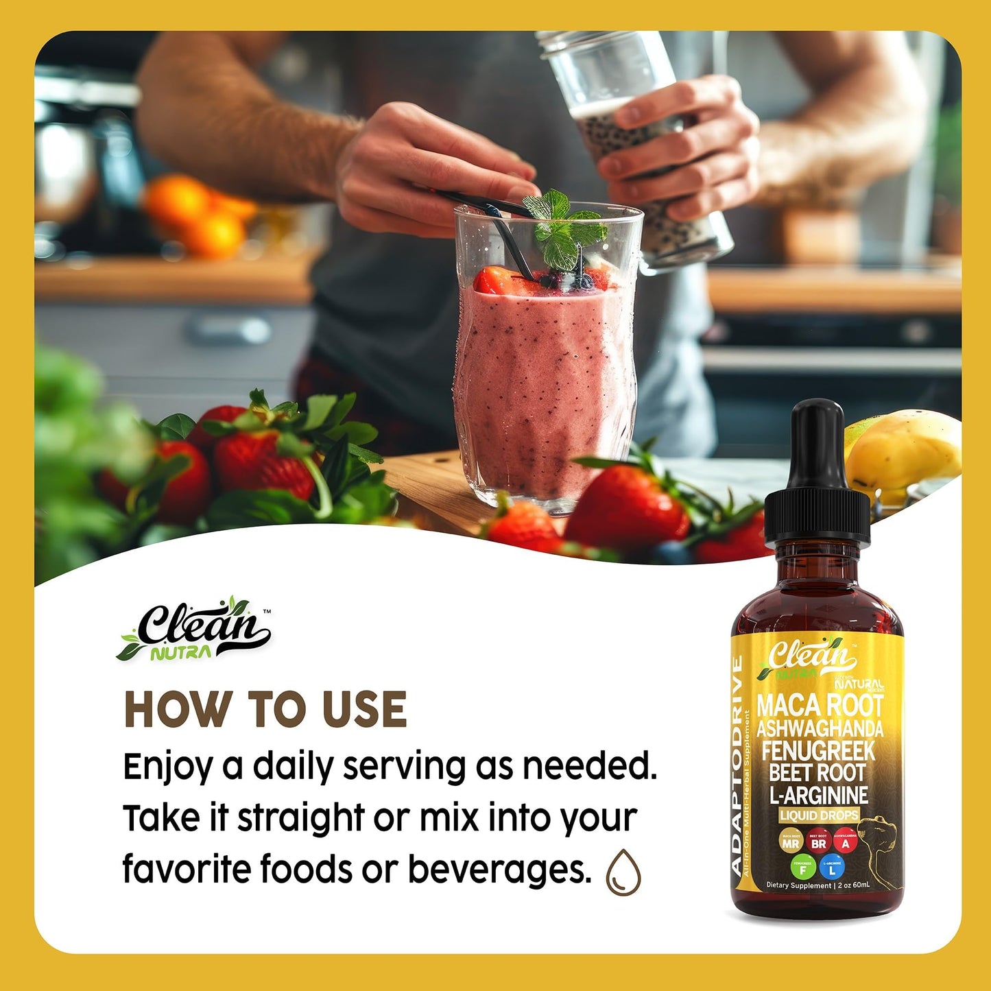Clean Nutra Organic Maca Root Liquid Drops with Ashwagandha, Fenugreek, Beet Root and L-Arginine Liquid Multivitamin for Women and Men - Adapto Drive