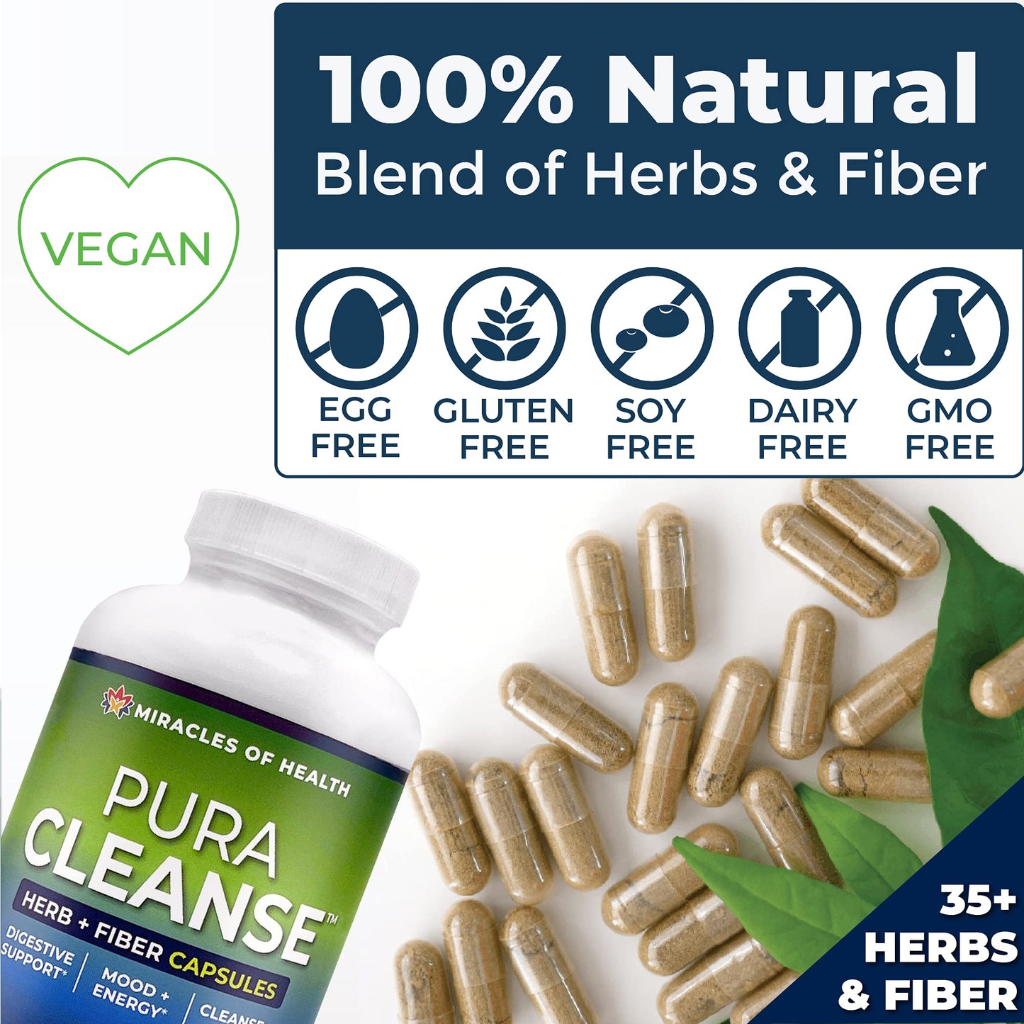 Miracles of Health Pura Cleanse Fiber Caps | 100% Natural Herb and Fiber Detox Capsules - Daily Cleanse and Detox for The Colon, Skin, Lungs and Kidneys - 1 Month Supply