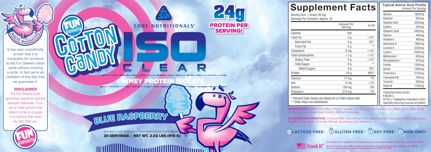 Core Nutritionals ISO Clear, Complete Amino Acid Profile, 25g Whey Protein Isolate (2 Pound, Fun Sweets™ Blue Raspberry)