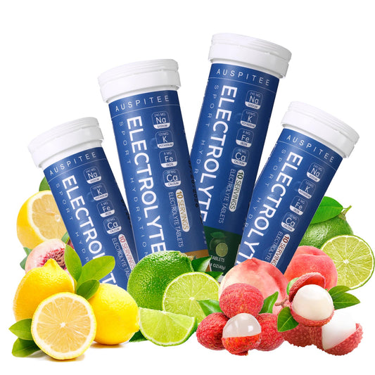 AUSPITEE Sports Nutrition Electrolyte Tablets - Electrolyte Drinks That Dissolve in Water, 4 Electrolyte Tablets & 4g | Vegan, Non-GMO | 4 Packs (40 Servings)