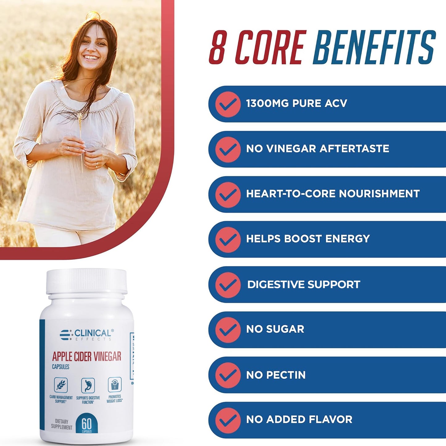 Clinical Effects Apple Cider Vinegar Capsules - 1300mg Pure Apple Cider Vinegar for Weight Management, Heart Health, and Energy Support - 60 Veggie ACV Pills - Made in The USA
