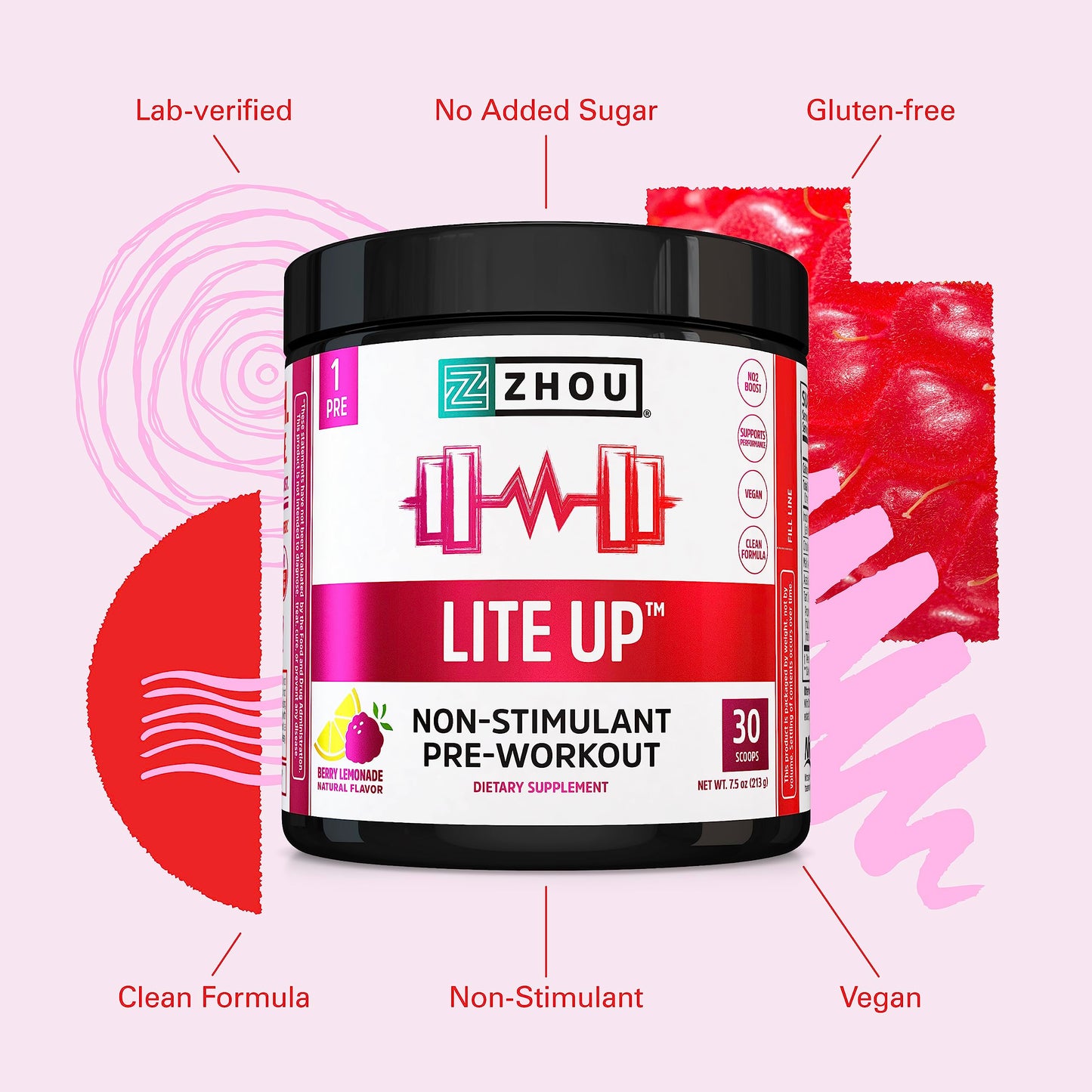 Zhou Nutrition Lite Up, Non-Stimulant Pre Workout Powder, Caffeine Free Nitric Oxide Booster, No Sugar Added, Vegan, Gluten Free, Non GMO, Berry Lemonade, 7.5 Oz